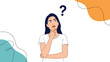 © Julia - Young woman in a white t-shirt looks upward with a thoughtful expression and a question mark icon for effective problem solving.