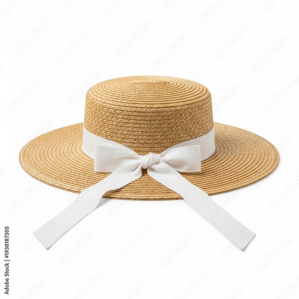 The image shows a straw hat with a wide brim. The hat is adorned with a ...