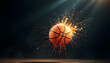 © byvea - Dynamic basketball explosion on a dark court, capturing the intensity and energy of the game with vibrant orange particles flying outwards