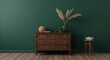 © AkuAku - 3D render of elegant living room interior with commode and decor against dark green wall mock up background