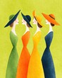 © kazitafahnizeer - Elegant mid-century fashion illustration of four women in colorful hats and dresses. A retro concept of sisterhood, friendship, and social connection on a textured background.
