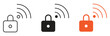© SAHADEB - A set of three lock icons with wireless signal waves radiating outwards, representing secure connectivity and digital protection for various online services and data.