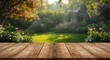 © vxnaghiyev - Morning garden background with wood table top creating copy space for product visuals