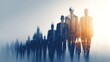 © Jam - Group of business leaders walk towards the viewer in a city setting at dusk, representing success and progress in leadership