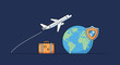 © Marco - Travel insurance and global trip concept featuring an airplane taking off over a globe with a protective shield and an orange suitcase.
