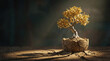 © Mahfujul - Golden bonsai tree growing from cracked dry earth under atmospheric spotlight representing resilience prosperity nature survival environmental hope precious resource metaphoric biological growth art