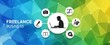 © MDAlAmin - Freelance Business Concept: Silhouette of person working on laptop surrounded by creative icons on abstract geometric background