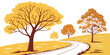 © leptop - Two trees stand tall with vibrant yellow leaves in a serene autumn landscape with a soft snowfall Vector