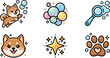 © DesignVectX - Kawaii sticker style close up playful shiba inu puppy leaping toward soap bubbles with magnifying glass paw print icons sparkling