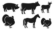 © Turisina - Farm Animals Silhouettes Set: Pig, Cow, Bull, Horse, and Turkeys Icons Collection