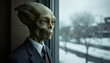© Duvanova Images - Lonely alien businessman looking out window at snowy city, workplace stress and isolation concept