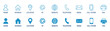© Виталий Опришко - Contact communication icon set, phone, email, location, website, home, user, globe, printer symbols, blue outline interface buttons vector illustration on transparent background