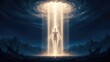 © Margarita Ratatosk - Human being emerging from light rays under a cloudy sky. Divine creation story for religious education content or spiritual inspiration.
