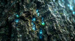 © Aemwarin - Magical bioluminescent dewdrops glowing inside dark tree bark crevices, macro nature fantasy background.