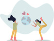 © Oleg - Cartoon tiny people donate love and hearts to world on globe of Earth.person's life situation and his activities.