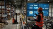 © DesignVectX - Industrial warehouse operations manager in orange vest and hard hat using tablet with screens overseeing forklift traffic under fluorescent lighting