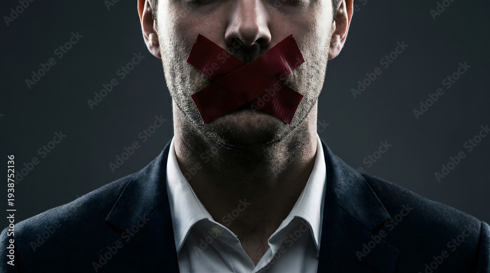 Serious businessman with red tape over his mouth symbolizing censorship ...