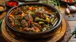 © Optimus  - Hearty beef stew with dark vegetables simmers richly in a rustic brown bowl.