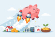 © Anik - Piggy Bank with Rocket Boosters Taking Off for Financial Growth, Savings Investment Concept with House, Bank, Calculator, Tax Document and Nest Egg for Wealth Building and Retirement Planning.