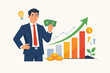 © Anik - Successful Businessman Holding Cash with Rising Financial Growth Chart and Green Arrow. Professional Investor Earning Profit, Sales Commission, and Wealth through Strategic Marketing and Ideas.
