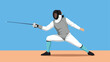 © Sajeda - Professional fencer wearing full protective gear in a dynamic lunge position during a match or training session.