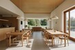 © zhang yongxin - Modern minimalist dining space with wooden tables and chairs, large windows, and natural light