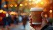 © Kabel - Warm drink in hand, street scene backdrop. Bokeh lights softly glow