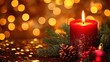 © Qisy - A lit red Christmas candle with a warm glow, pinecone, and festive bokeh lights creating a cozy holiday atmosphere