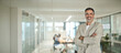 © insta_photos - Portrait of confident happy rich middle aged business man investor, older team leader, mature professional company executive wearing suit standing arms crossed in office, chairman profile photo.