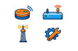 © Andrei - A set of four flat vector icons featuring a smart device, a wireless router, a telecommunications tower, and a gear with a wrench, all set against a solid black background.