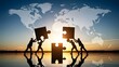 © Artfinity - Silhouettes of people fitting puzzle pieces against world map. Global collaboration and teamwork. Diverse group connecting jigsaw parts to solve problems on a sunset horizon.