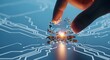 © Artfinity - Digital circuit integration and technology problem solving. Innovation and hardware engineering. Hand placing a transparent puzzle piece into a glowing electronic motherboard socket