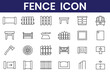 © Dream Scape Studio - Fence icons set isolated on white background. Garden fence icons set. Outline set of garden fence vector icons. chain-link, wood, blinds panels, masonry, artistic forging metal gates  guardrail.