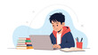 © MR - Happy young boy diligently studying and working on a laptop at a desk, surrounded by books and stationery, symbolizing online learning and education.