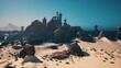 © icetray - sunlit desert dunes with ruined fortress, cinematic coastal ruins framed by spired towers and scattered boulders, rippled sand textures, warm teal sky, drone
