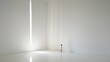© Qazy - Young girl in white dress standing in a minimalist white room with light
