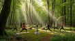 © Hungarian - Group of people practice mindful stretching and physical poses on mats surrounded by dense woodland foliage