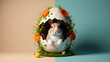 © Jamina - Easter bunny emerging from decorated egg with floral arrangement on pastel background