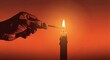 © Hungarian - Human hand ignites wax candle wick using small wooden stick against warm background