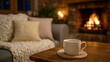 © Maksym - Soft-focus lifestyle scene of a living room at night, hot coffee steaming on a wooden table, cozy sofa with layered pillows and knitted throw, fireplace casting warm glow across wa
