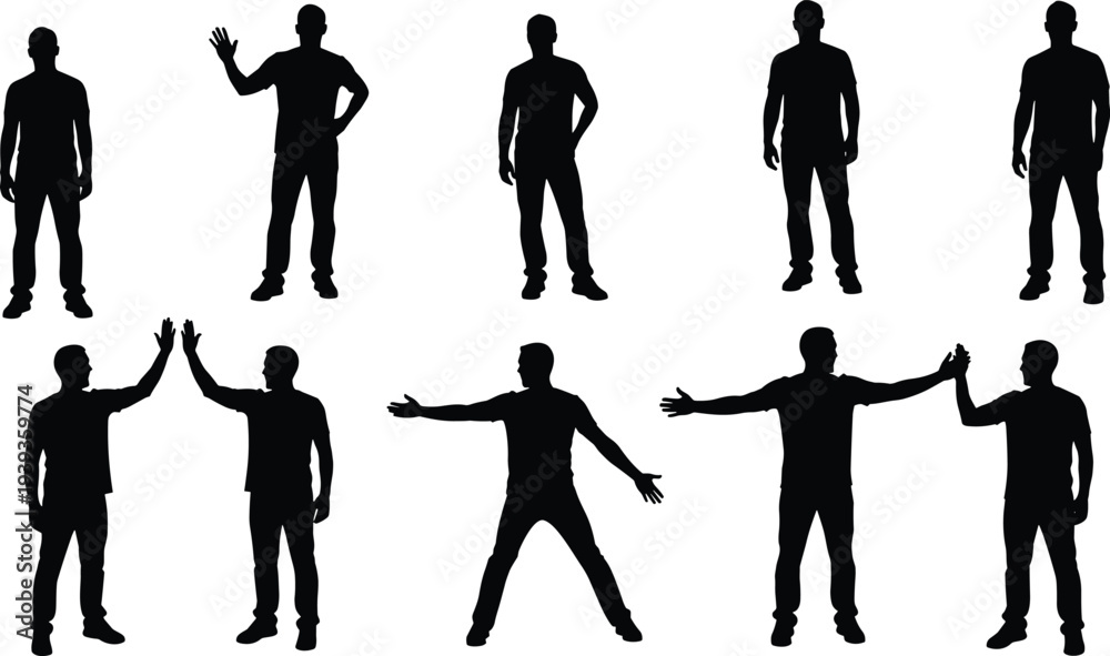 Human silhouettes in standing poses, expressive gestures vector ...