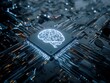 © vefimov - Neon brain icon glows on advanced circuit board. Complex pathways radiate from central processor unit. Futuristic tech design blends neural and electronic elements