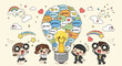 © Ahmad - Cartoon illustration of four excited businesspeople standing around a large lightbulb filled with social media icons and symbols on a pale yellow background with whimsical elements.