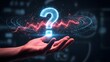© Artfinity - Question mark hologram glowing above a human hand. Data analysis and problem solving. Person holding a palm out with a bright blue digital query symbol surrounded by energy waves