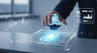 © Apurbo - Professional hand touching futuristic digital interface hologram with data charts isolated on transparent background