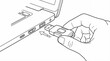 © Muhammad - Monochrome line art illustration of a hand inserting a USB adapter into a laptop port, depicting technology connection and data transfer process