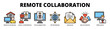 © EKA - Remote collaboration web banner icon vector illustration concept with icon of remote working, video conference, telecommuting, networking, messaging, relationship, and freelance work.