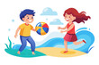 © VectorCO - Children playing with colorful beach ball by ocean waves on a sunny day with blue sky and clouds