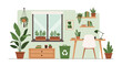 © Rusdan - Eco-Friendly Home Office Interior with Potted Plants, Wooden Desk, and Recycling Bin Illustration