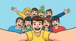 © kepin - Group Selfie, Young Adults, Bright Background, Illustration, Cheerful Atmosphere, Fun Concept
